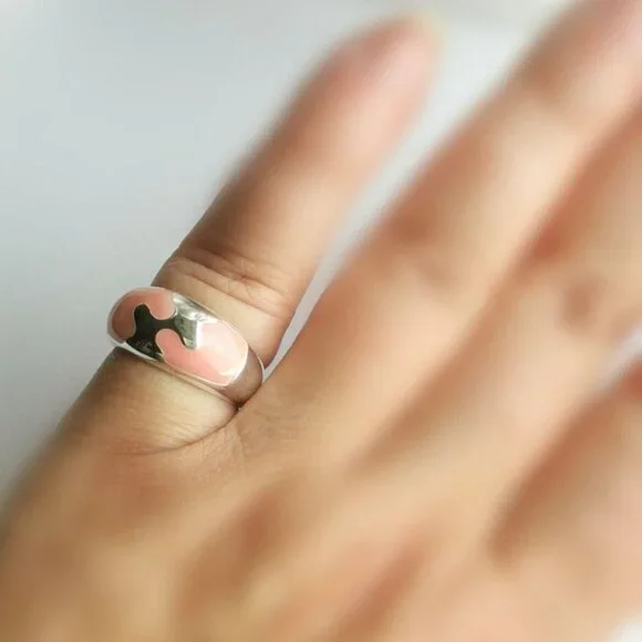 Peach Enamel mosaic dome band Ring Sterling Silver size 6 - Picture 2 of 7